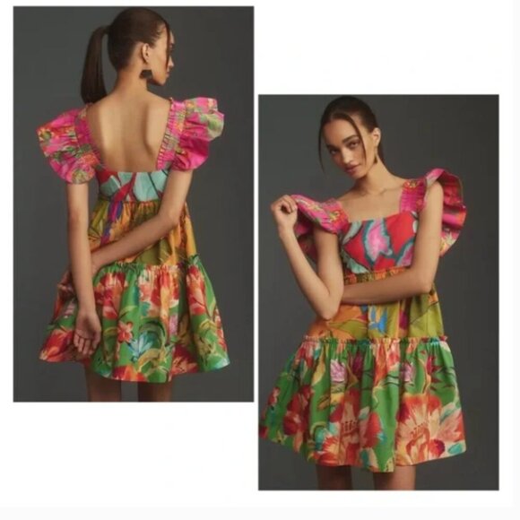 Farm Rio Foliage Cotton Tiered Minidress Size M New - Picture 1 of 7